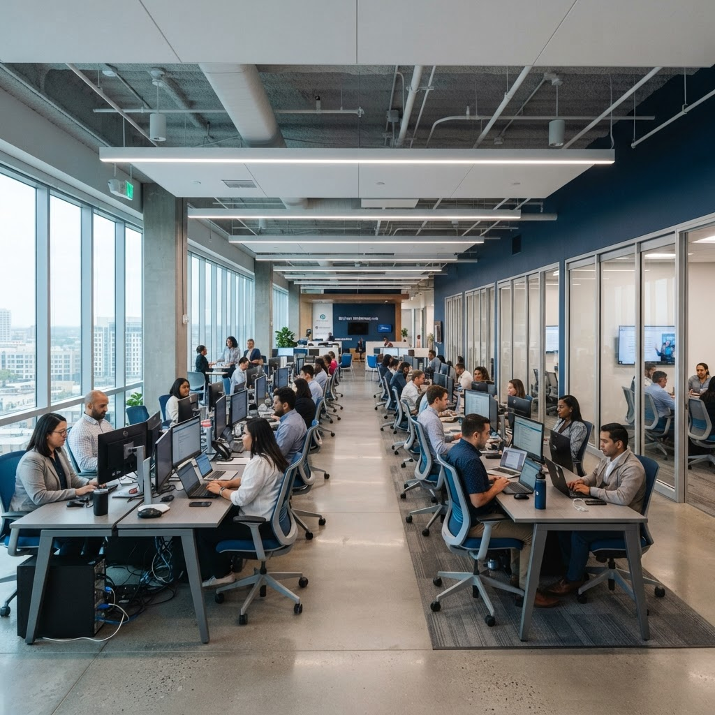 Muenot delivery centre floor with specialists at production workstations