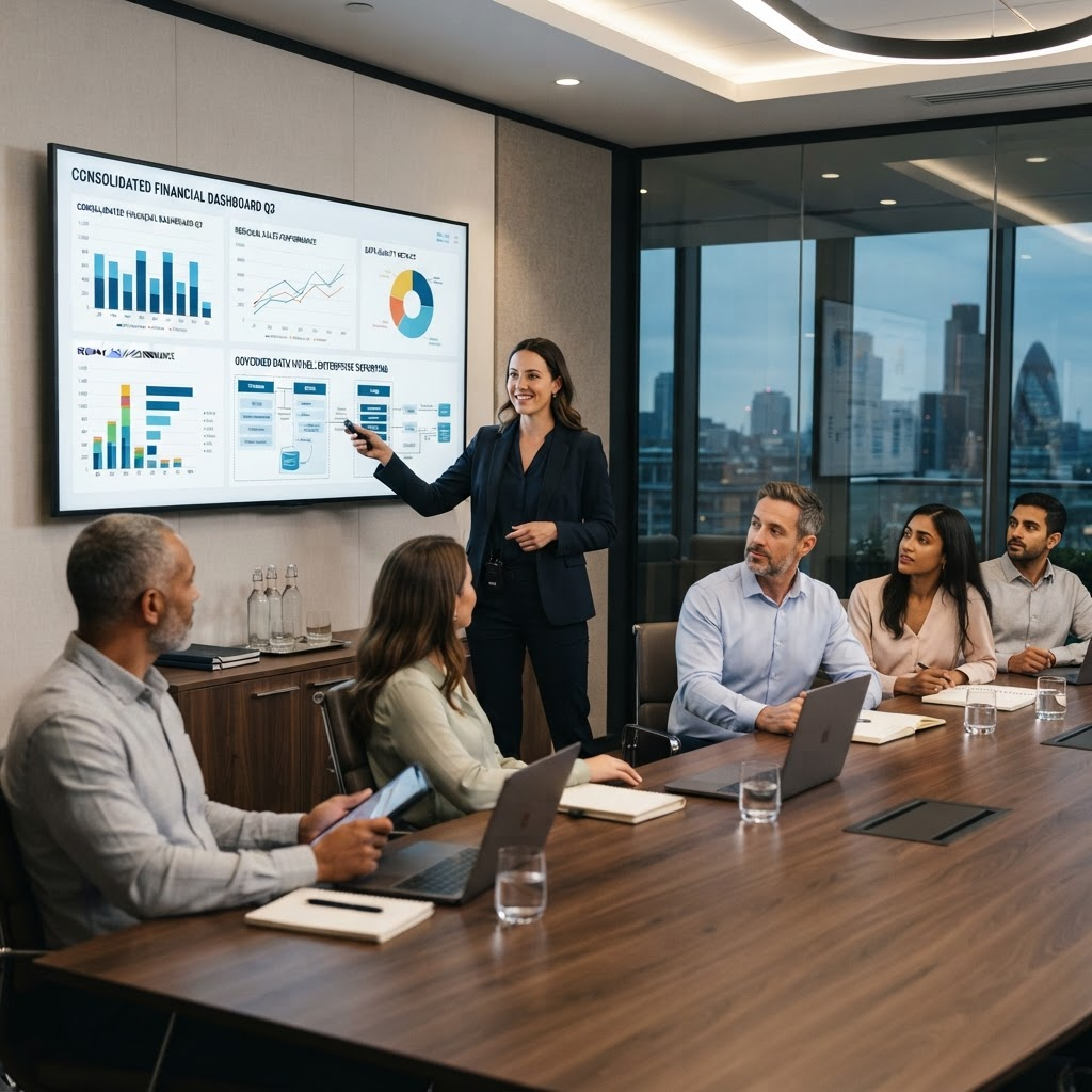 Analyst reviewing dashboards and reporting metrics on a large display