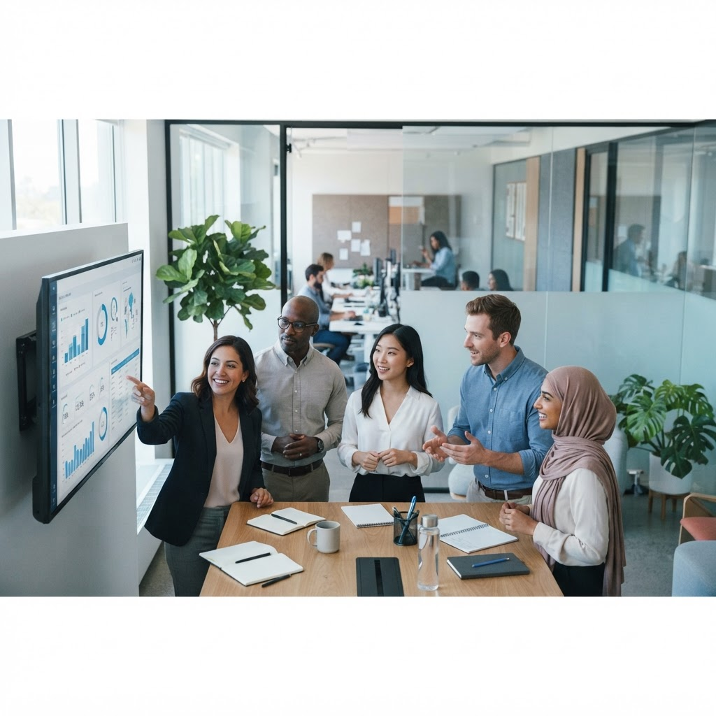 Delivery team collaborating on AI data and localization work in a modern office