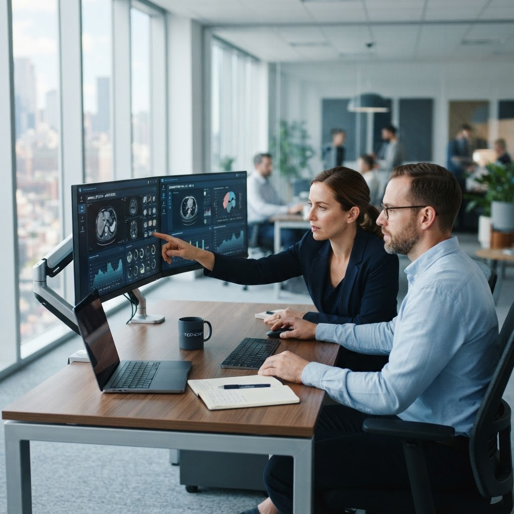 Specialists reviewing large image datasets on dual monitors