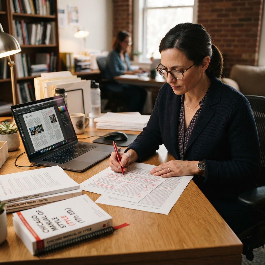 Editor reviewing printed page proofs beside a layout screen