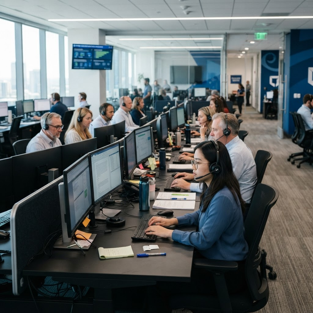 Review team working at workstations on a secure operations floor