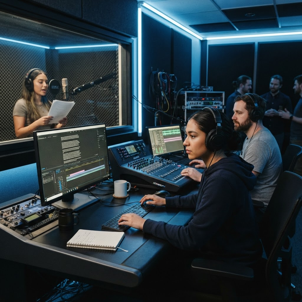 Linguist working at a subtitling and translation workstation