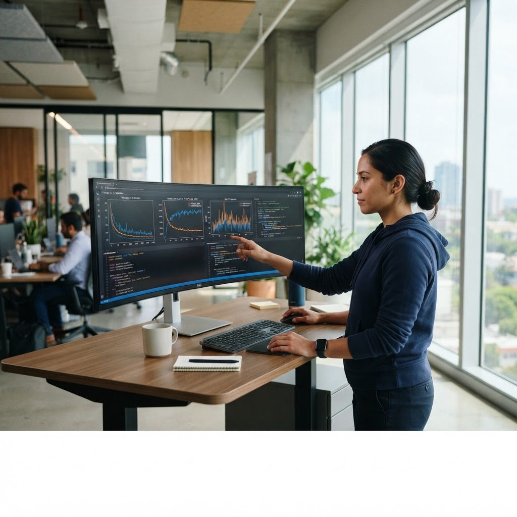 Machine learning engineer analysing training charts on a monitor