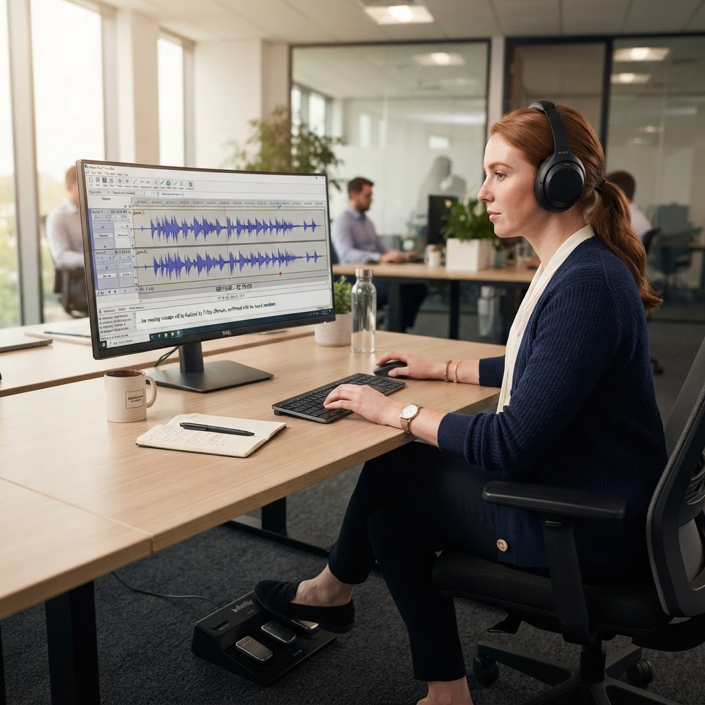 Transcriptionist working with audio waveform software and headphones
