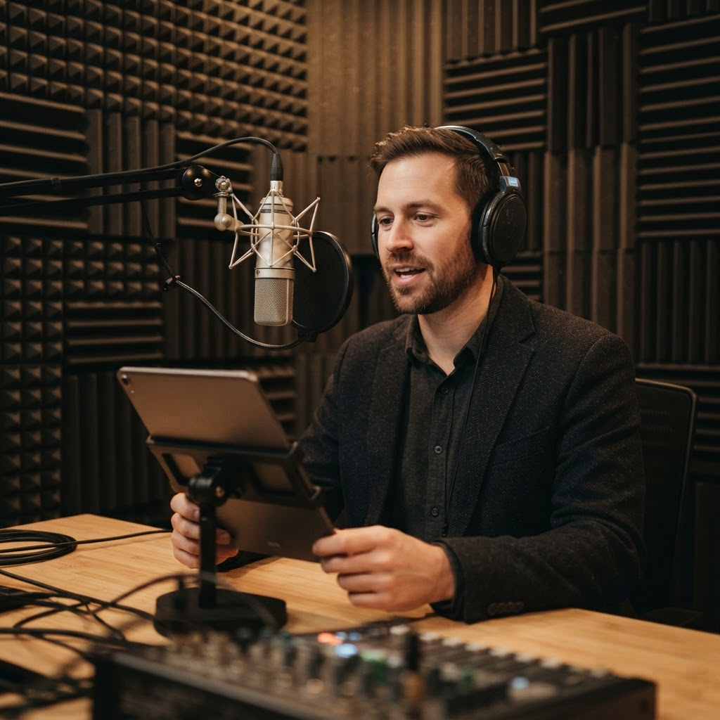 Voiceover artist recording in an acoustically treated studio booth